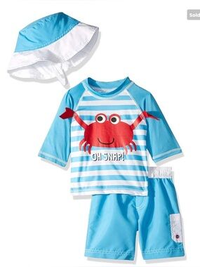 NWT Wippette Boys Crab "Oh Snap" Rash Guard 3-PC Set (Hat, Shirt, Shorts) 4T